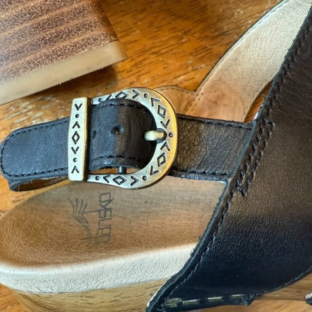 Dansko Black Leather Cutout Slingback Sandals